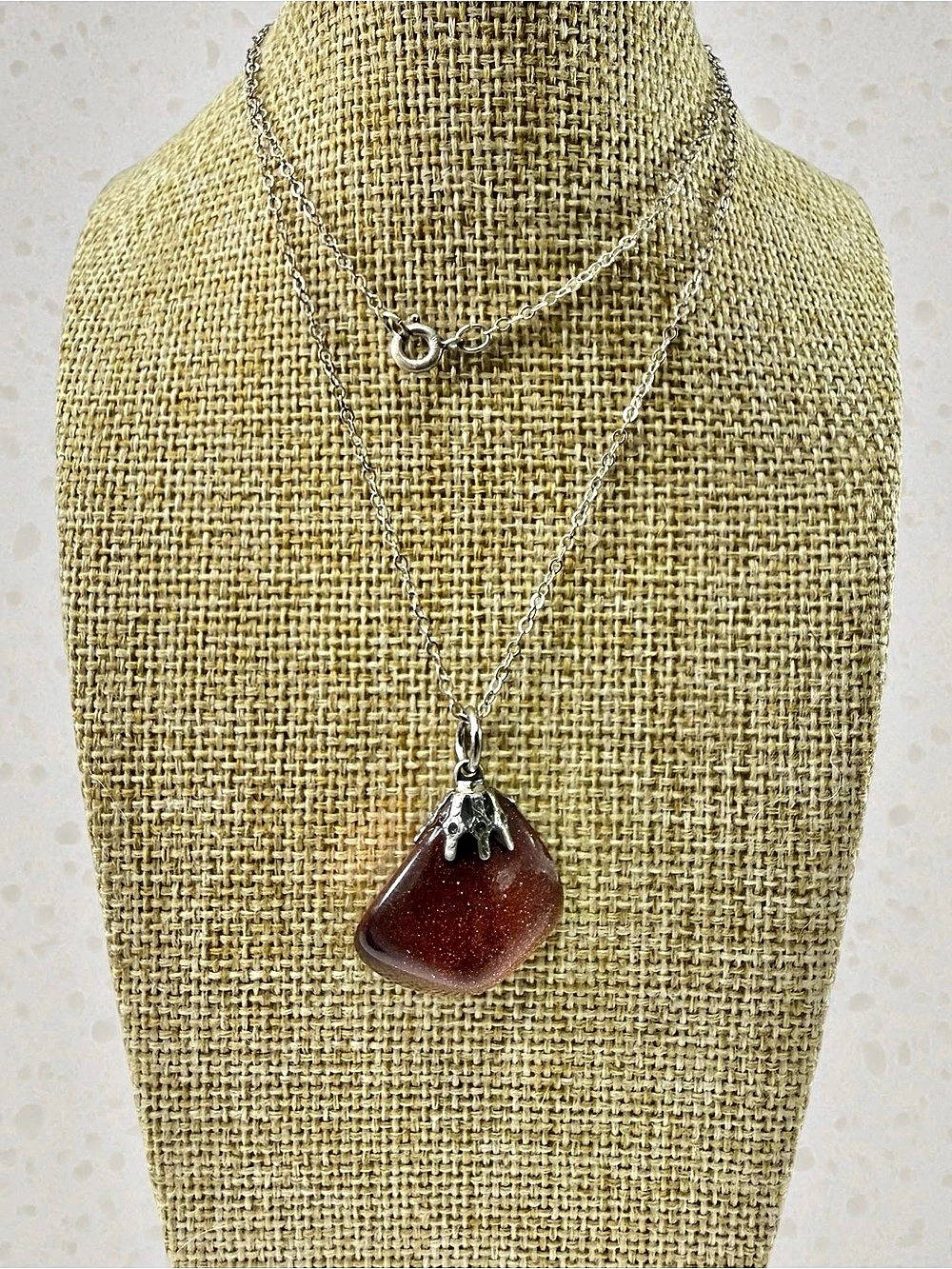 Sterling Silver 925 Red Brown Goldstone Aventurine Pendant Necklace 16” Spring